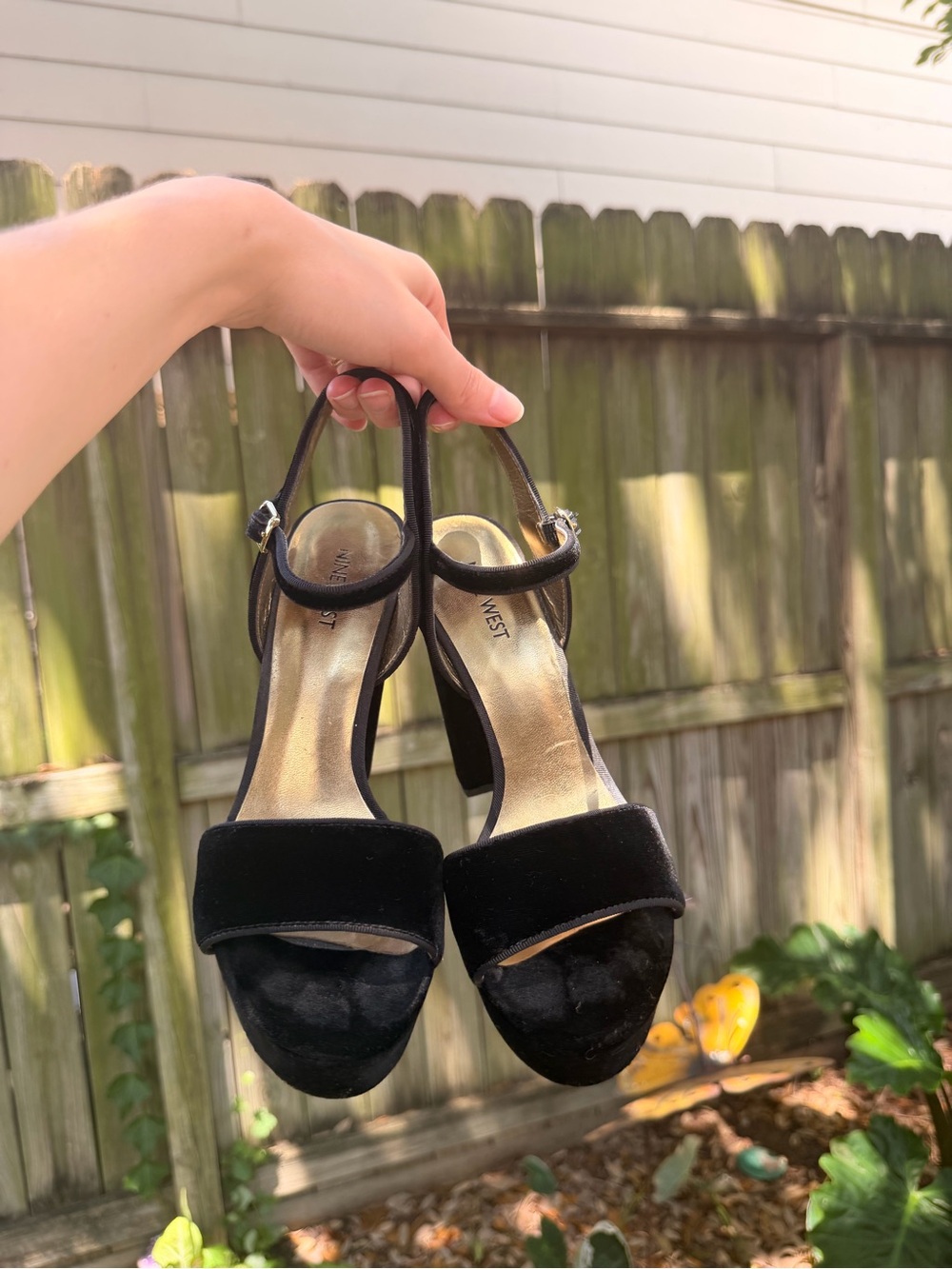 Nine West Black Velvet Block Heel Sandals with Ankle Strap